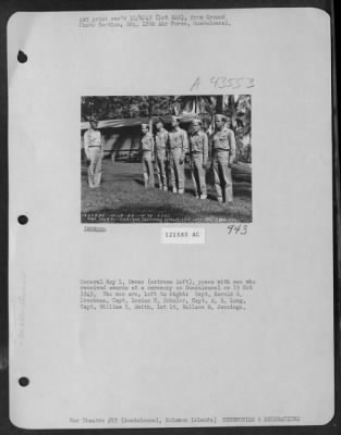 Awards > General Ray L. Owens (Extreme Left), Poses With Men Who Received Awards At A Ceremony On Guadalcanal On 19 Oct 1943.  The Men Are, Left To Right: Capt. Harold G. Dreckman, Capt. Lucian B. Schuler, Capt. A.R. Long, Capt. William E. Smith, 1Lt Wallace R. Je