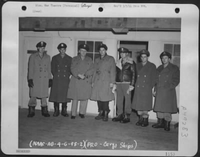 Groups > Before The Take-Off, Left To Right, 2Nd Lt. Franklin B. Hovey, 2Nd Lt. Warren Ruddy, Lt. Colonel Orie W. Coyle, Capt. John H. Haigh, 2Nd Lt. Paul Pearl, 1St Lt. Francis V. Nowak, Capt. Robert G. Baker. [Caption In Print: (Naaf-Ab-4-G-98-2)(Pro - Cargo Shi