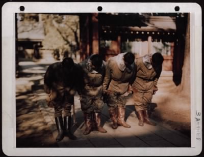 Thumbnail for ␀ > Kamikaze Pilots At Shrine.  This Scene Is From A Production Sequence And Re-Enactment Of The Kamikaza Ceremony For The United States Strategic Bombing Survey Motion Picture Project For Inclusion In 'Strategic Attack' At Chofu, Japan, November 1945.