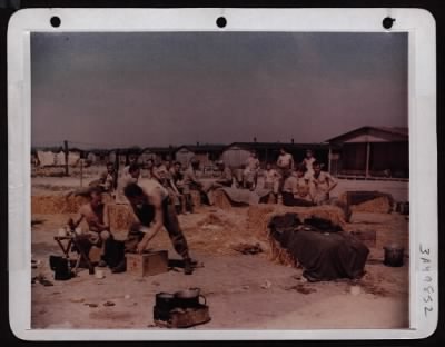 Thumbnail for ␀ > Moosburg, Germany Prisoner Of War Camp.  Along With Tables To Eat On, Another Sign Of Freedom Was Straw For Matresses - A Luxury After Sleeping On Gravel Floors.