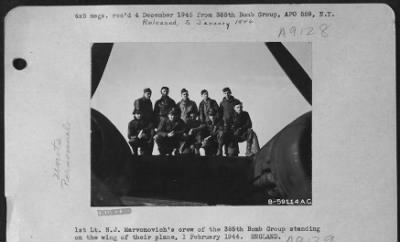 Thumbnail for Consolidated > 1St Lt. N.H. Marvonovich'S Crew Of The 385Th Bomb Group Standing On The Wing Of Their Plane, 1 February 1944.  England.