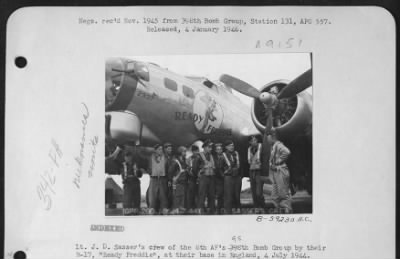 Thumbnail for Consolidated > Lt. J.D. Sasser'S Crew Of The 8Th Af 95Th Bomb Group Standing By Their B-17 'Reddie Freddie' At Their Base In England, 4 July 1944.