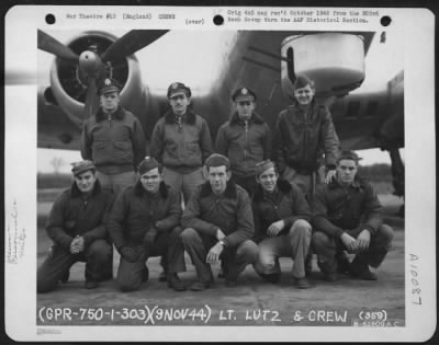 Thumbnail for Consolidated > Lt. Lutz And Crew Of The 359Th Bomb Squadron, 303Rd Bomb Group Based In England, Pose In Front Of A Boeing B-17 Flying Fortress.  9 November 1944.