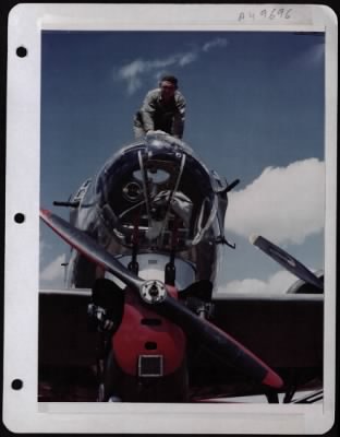 Thumbnail for General > M/Sgt Herbert H. Roberts, Rosebud, Texas, Crew Chief, Glances Down At A Cub Dwarfed By A B-17 As He Polishes The Nose Of The B-17.  England.