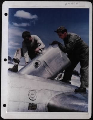 Thumbnail for General > Replacing An Oil Tank In A Flak Damaged Boeing B-17 At A Base In England Are, Left To Right: Sgt. Robert Ortega And Sgt. Norval F. Mullen.