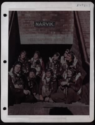 Thumbnail for Bomber > Pilots Of A North American P-51 Group In Flying Togs And Mae West Jackets At A Base In England.  They Are, Front Row, Left To Right:  Lt. Nicholas W. J. Rosenson Of Monessen, Penn.; Lt. Charles Brock Of Lockhart, Texas; Lt. William R. Groseclose Of Pierre