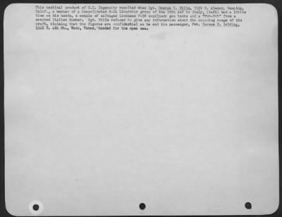 Thumbnail for Consolidated > This nautical product of G.I. Ingenuity resulted when Sgt. George C. Hills, 1139 N. Almond, Banning, Calif., a member of a Consolidated B-24 Liberator group of the 15th AAF in Italy, (left) had a little time on his hands, a couple of salvaged