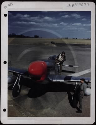 Thumbnail for Fighter > Lt. William Groseclose Of Pierre, South Dakota, Pilot Standing On The Wing Of His P-51 Mustang, Ready To Get Into The Cockpit.  His Crew Chief, Ssgt. Harry E. East, Of Omaha, Nebraska Stands By.