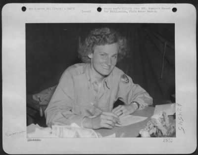 Thumbnail for Consolidated > 1st Lt. Constance Flanagan of Old Chappaqua Road, Ossining, N.Y. Braves the dangers of war as the only WAC to be stationed in the advanced area. Lt. Flanagan is kept very busy as a General's Aide.