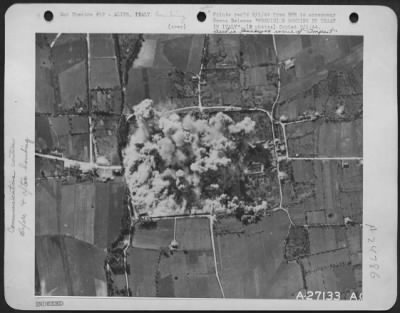 Thumbnail for Consolidated > During the bombing of Alife, Italy, by B-26 Marauders of the U.S. Army Air Forces on 13 Oct 1943. Note how the bombs are all hitting within the rectangle formed by roads surrounding the Nazi-held town.