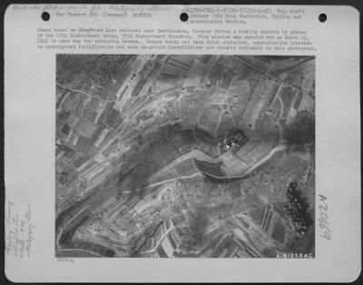 Thumbnail for Consolidated > Bombs Burst On Siegfried Line Defenses Near Zweibrucken, Germany During A Bombing Mission By Planes Of The 17Th Bombardment Group, 95Th Bombardment Squadron.  This Mission Was Carried Out On March 15, 1945 To Make Way For Advancing Troops.  Dragon Teeth A