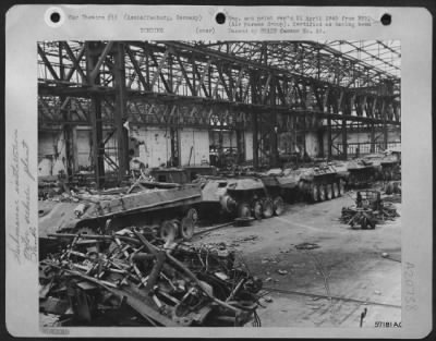 Thumbnail for Consolidated > Before Debris From Allied Air Attacks Could Be Cleared Away From This Production Line Designed To Produce Large Panther Tanks, American Ground Troops Overran The Area.  Aschaffenburg, Germany, Tank & Submarine Plant.