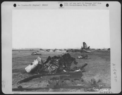 Thumbnail for Consolidated > The Wreckage Of A Boeing B-17 "Flying Fortress" (A/C No. 022) Is Scattered Over A Large Area At An 8Th Air Force Base In England.  2 October 1944.  [Lancs In Background]