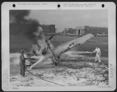 Thumbnail for Consolidated > Fire Fighers Battle The Blaze Of The Burning North American P-51 (A/C 44-14034) Of The 364Th Fighter Group, 67Th Fighter Wing, Which Crashed At The 8Th Air Force Station F-375, Honnington, England.  30 July 1944.