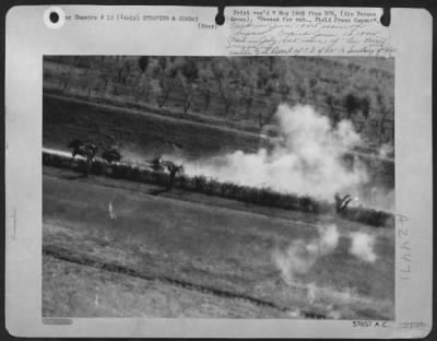 Thumbnail for Consolidated > Two Horses Dragging A German Artillery Piece, Break Into A Full Run During A Machine Gun Attack By Republic P-47 Thunderbolts, As The Huns Retreat Northwest Of Bologna, Italy.  Later Reports Indicated That The Animals Were Killed And The Gun Damaged By Th