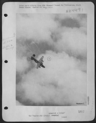 Thumbnail for Consolidated > This Striking Aerial Photograph Was Snapped By An Alert Combat Crew Cameraman, Sgt. Max Shapoff, Of New York City, As One Of The 15Th Aaf Consolidated B-24 Liberators Crashed Somewhere In German-Held Territory.  The Ship Was Hit By Flak. This Photo Reveal