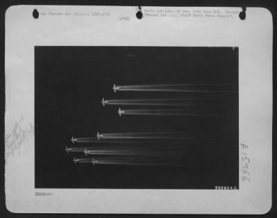 Thumbnail for Consolidated > CONTRAIL CONTRAST-Boeing B-17 Flying ofrtresses of the 3rd Air Div. reach out to strike at railroad marshalling yards funnelling supplies and reinforcements to Hitler's eastern armies. At more than 25,000 altitude, the ofrtresses weave a pattern