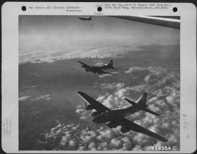 Thumbnail for Consolidated > Boeing B-17 Flying Fortresses Of The 381St Bomb Group En Route To Bomb Enemy Installations Somewhere In Europe, Wing Their Way Toward The Target.