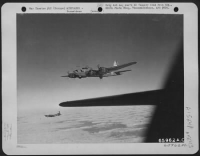 Thumbnail for Consolidated > Two Boeing B-17 Flying Fortresses Of The 381St Bomb Group, En Route To Bomb Enemy Installations In Europe, Are Only Part Of The Attacking Formation.  Far In The Distance, Appearing As Tiny Specks In The Sky, Other Fortresses Roar Toward The Target.