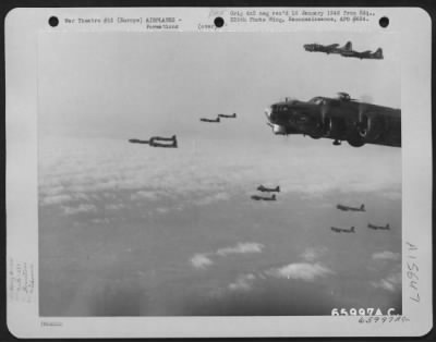 Thumbnail for Consolidated > Boeing B-17 Flying Fortresses Of The 381St Bomb Group, Flying In Close Formation, Wing Their Way Toward The Target Somewhere In Europe.  In The Foreground Is The B-17 'Rotherhithe'S Revenge'.