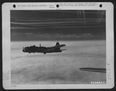 Thumbnail for Consolidated > Vapor Trail Footprints Of The Grim Air Battle Over Enemy Occupied Territory Somewhere In Europe Were Left By A Formation Of 381St Bomb Group Planes Which Roared Over A Few Minutes Before The Boeing B-17 'Wolverine'.