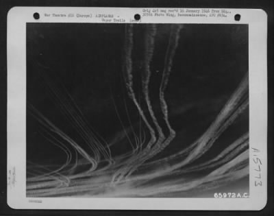 Thumbnail for Consolidated > Vapor Road To Victory - Boeing B-17 Flying Fortresses Of The 381St Bomb Group, En Route To Bomb Enemy Installations, Etch Fleecy Vapor Trails In The Substratosphere Over Europe.