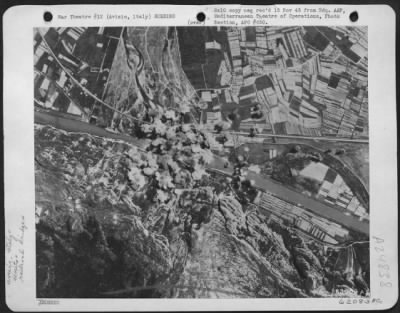 Thumbnail for Consolidated > Boeing B-17 Flying Fortresses Of The 419Th Bomb Squadron, 301St Bomb Group, 15Th Air Force, Blast Railroad Bridge At Avisio, Italy, On 24 April 1944.  (Altitude 22,000 Feet.)