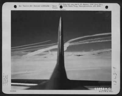 Thumbnail for Consolidated > Boeing B-17 Flying Fortresses Of The 381St Bomb Group En Route To Bomb Enemy Installations In Europe, Leave Fleecy Vapor Trails In Their Wake.