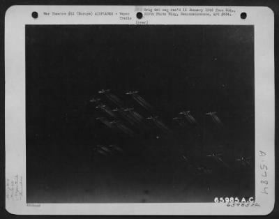 Thumbnail for Consolidated > Boeing B-17 Flying Fortresses Of The 381St Bomb Group Leave Spider-Like Trails In The Sky As They Wing Their Way Toward The Target Somewhere In Europe.