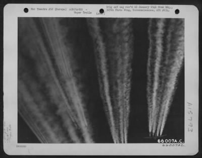 Thumbnail for Consolidated > Vapor Trail Footprints Of The Grim Air Battle Over Europe Were Left By A Formation Of 381St Bomb Group Boeing B-17 Flying Fortresses.