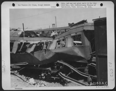 Thumbnail for Consolidated > Bomb Damage To Rail Cars At Tibortina Railroad Yards, Rome, Italy.