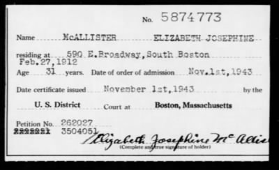 Thumbnail for 1943 > McALLISTER ELIZABETH JOSEPHINE