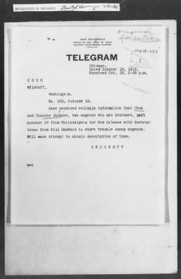 Thumbnail for 351-400 > 375 - IO, Chicago to MID. Re: Chan and Charles Jackson, two negro brothers going to New Orleans to start trouble.