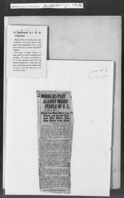 Thumbnail for 351-400 > 386 - SD forwards report from Arizona Dist. Re: Clipping from I.W.W. trying to gain black man's confidence and disrupt relations with whites.