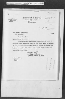 Thumbnail for 351-400 > 387 - D.J. to MID. Transmits copy of reports by Agent McPhail and Austin of Ft. Worth, TX. Re: Transfer of white prisoner by Sgt. Tony Rush and Pvt. Edward R. DeHaven, both colored.