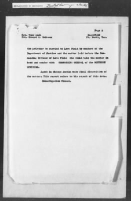 Thumbnail for 351-400 > 387 - D.J. to MID. Transmits copy of reports by Agent McPhail and Austin of Ft. Worth, TX. Re: Transfer of white prisoner by Sgt. Tony Rush and Pvt. Edward R. DeHaven, both colored.