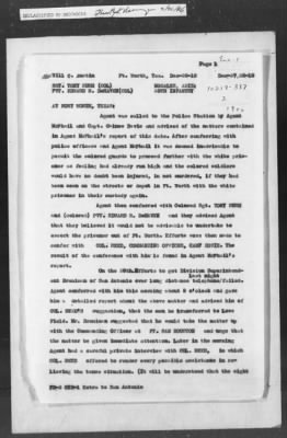 Thumbnail for 351-400 > 387 - D.J. to MID. Transmits copy of reports by Agent McPhail and Austin of Ft. Worth, TX. Re: Transfer of white prisoner by Sgt. Tony Rush and Pvt. Edward R. DeHaven, both colored.