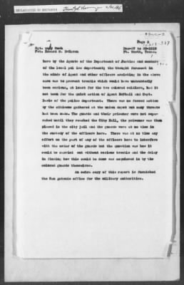 Thumbnail for 351-400 > 387 - D.J. to MID. Transmits copy of reports by Agent McPhail and Austin of Ft. Worth, TX. Re: Transfer of white prisoner by Sgt. Tony Rush and Pvt. Edward R. DeHaven, both colored.