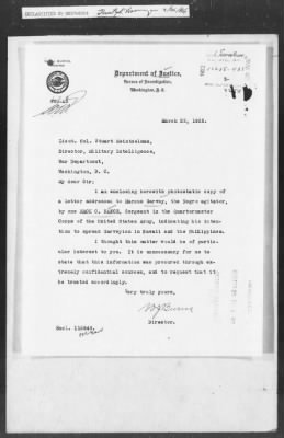 Thumbnail for 401-450 > 435 - DJ to MID. Re: Photostatic copy of a letter addressed to Marcus Garvey, negro agitator, by one Mack C. Nance, Sgt. In QMC US Army, Camp Lewis, WA.