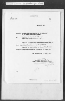 Thumbnail for 451-473 > 457 - I.O. 3rd C.A. to G2. Re: Philadelphia Committee for the Participation of the Negro in National Defense.