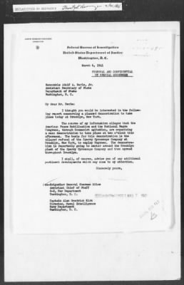 Thumbnail for 451-473 > 458 - DJ to G2. Re: Report of planned demonstration of American Peace Mobilization and the Nation Negro Congress thru communist agitation to take place.