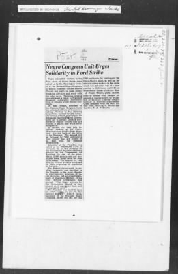 Thumbnail for 451-473 > 459 - Chief of Ord. memo for G2. Re: Clipping regarding Negro Congress urging negro workers in Ford plant to cease striking.