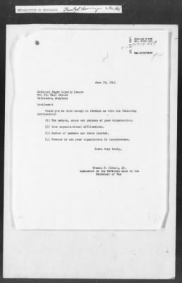 Thumbnail for 451-473 > 469 - Letter from Truman K. Gibson, Jr., Asst to Civil Aide to the Sec. of War. Re: Nature of the National Negro Loyalty League, Baltimore, MD.