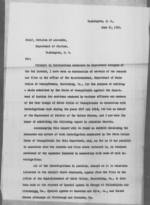 Miscellaneous Files, 1909-21 > Investigation Claim of Pennsylvania against the Department of Justice (#30214)