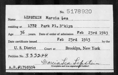 Thumbnail for 1943 > LIPSTEIN Marcia Lea