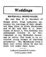 1918 Morehouse, Alpha & Elsie Marshall Marriage Announcement, Indiana