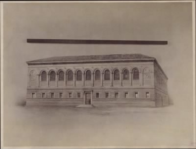 Thumbnail for Trustees' McKim Construction Photos > Architect's rendering of the McKim Building with measuring stick for scale