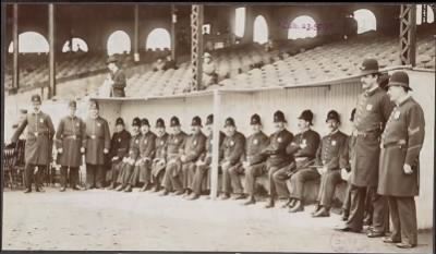 Thumbnail for McGreevey Collection > Boston Policemen pose in dugout at the Huntington Avenue Grounds[...]