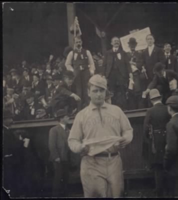 McGreevey Collection > Chick Stahl in front of visitors dugout at the Pittsburgh Ball Grounds[...]