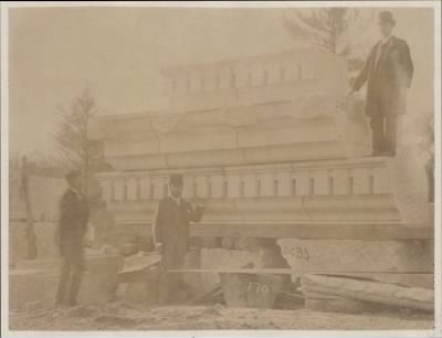 Thumbnail for Trustees' McKim Construction Photos > Cornice stone at Milford Quarry, construction of the McKim Building